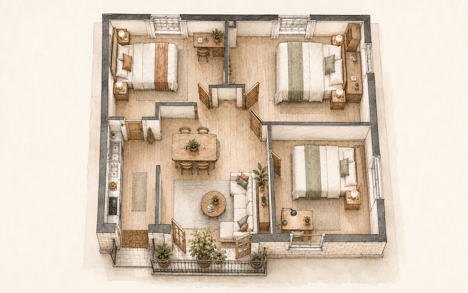 Plano arquitectónico dibujado de una vivienda Rentify